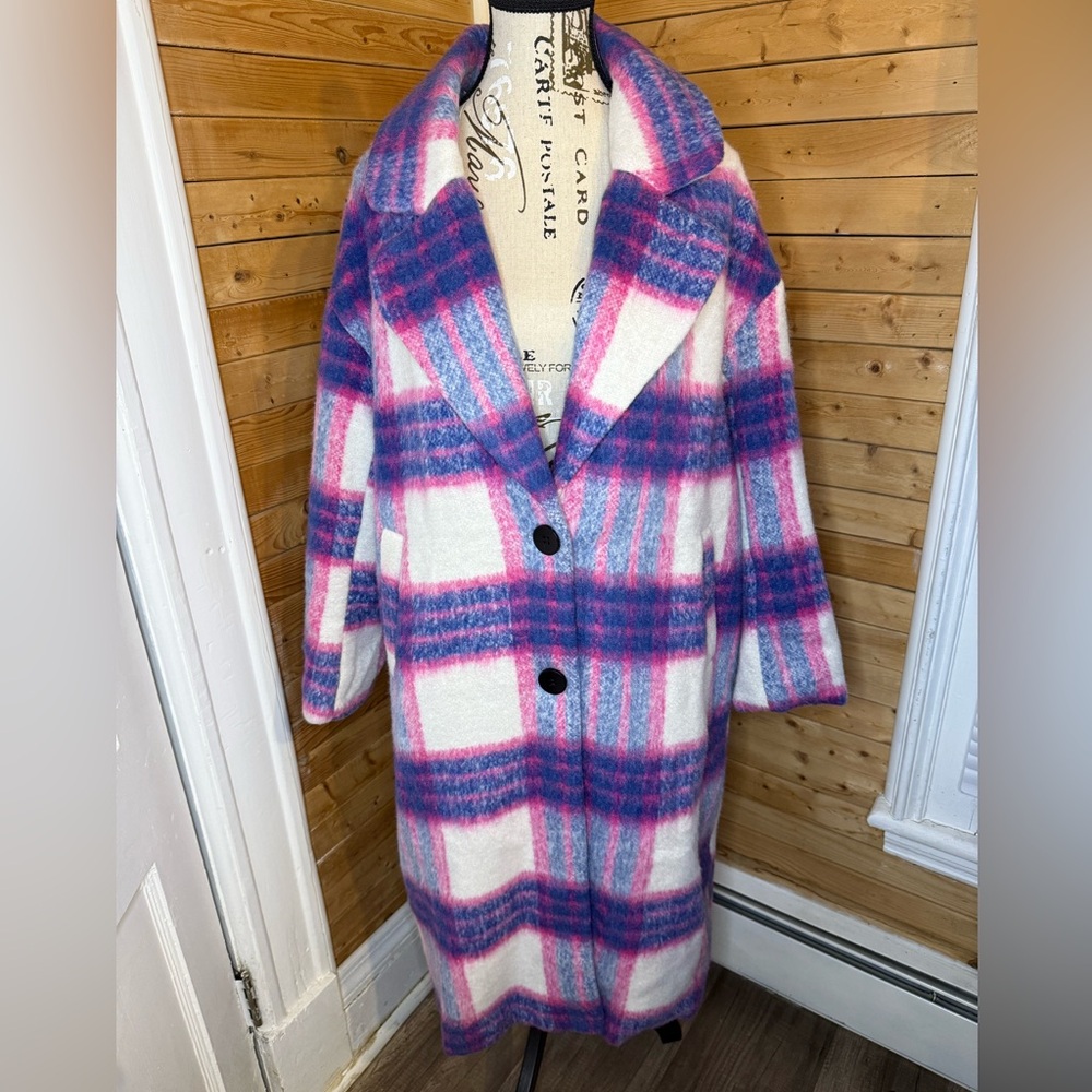 Fashion Nova Pink and Purple Plaid Teddy Jacket